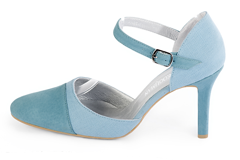 Sky blue women's open side shoes, with an instep strap. Round toe. Very high slim heel. Profile view - Florence KOOIJMAN